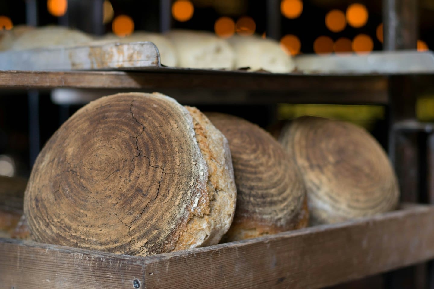 Diverse pagnotte rustiche dalla crosta scura su uno scaffale di legno.
